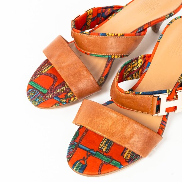 Hermes Brown Leather & Orange Printed-Silk Mule Sandals - Picture 7 of 11